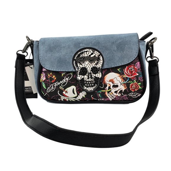 Ed Hardy Handbags - Ed Hardy Rhinestone Skull Tattoo Print Vegan Leather Crossbody Bag Blue Black